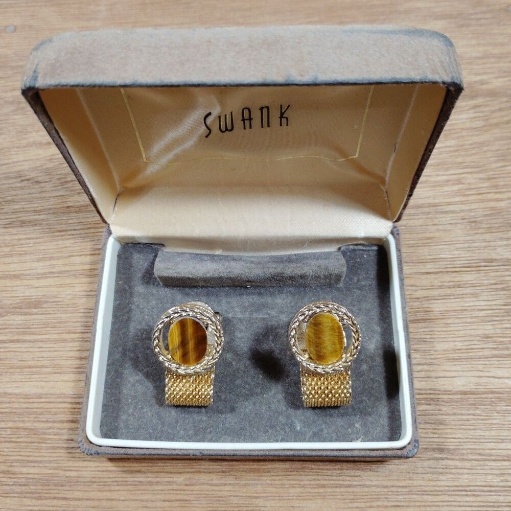 Vintage Swank Mesh Wrap Cuff Links Gold Tone Amber Box